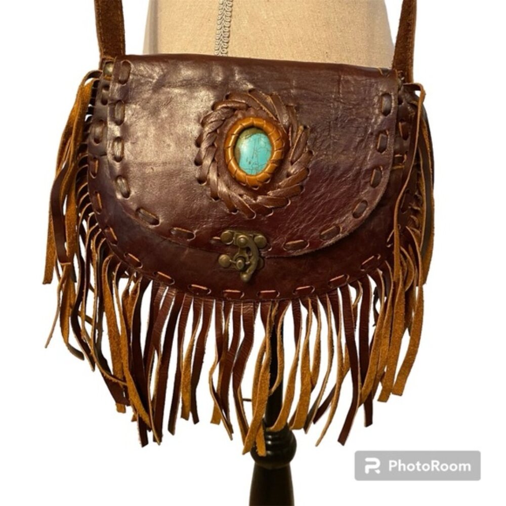 HANDCRAFTED ARTISAN BAG CROSSBODY SHOULDER BROWN LEATHER FLAP CLOSE FRINGE BOHO